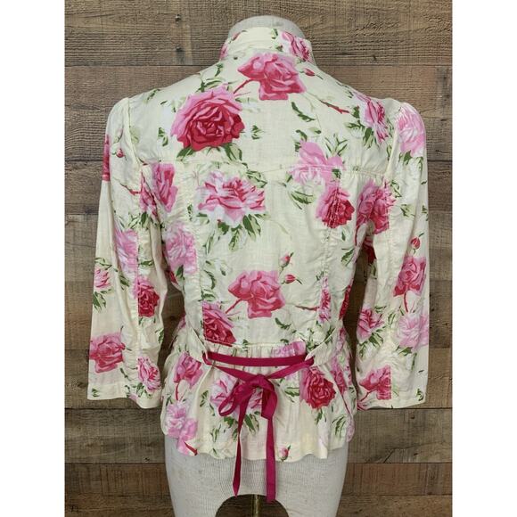 Vintage Y2K Banana Republic Rose Print Fitted Jacket Sz 8 Linen Cotton Coquette - Picture 7 of 13